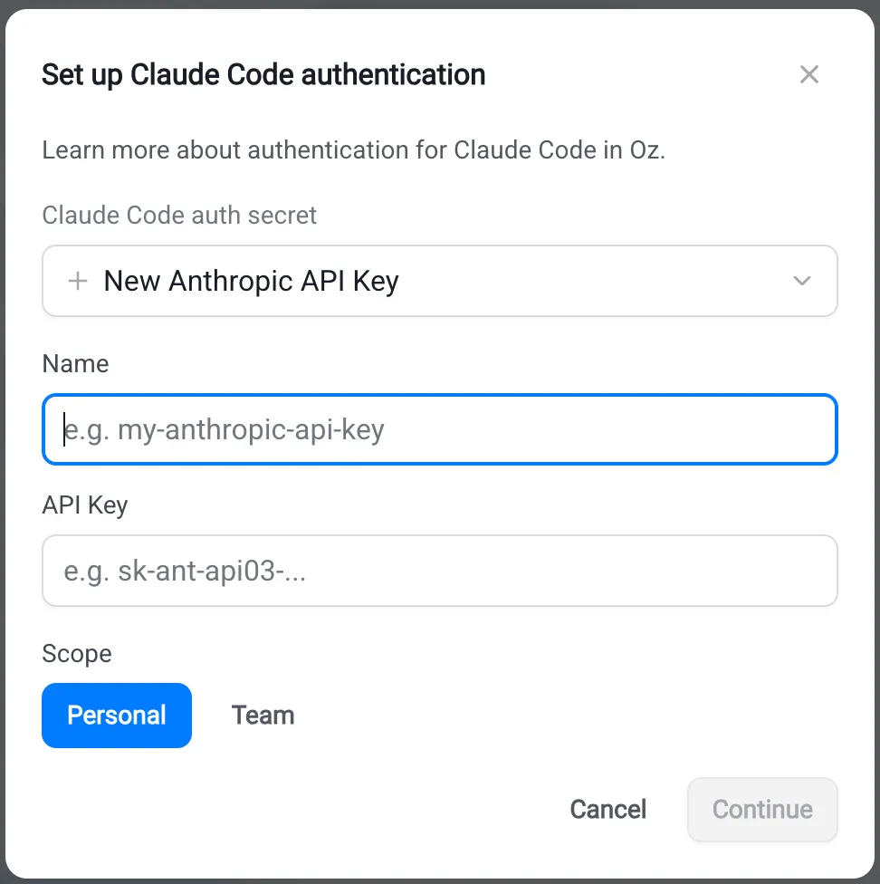 The standalone cloud-run dialog for adding a Claude Code auth secret.
